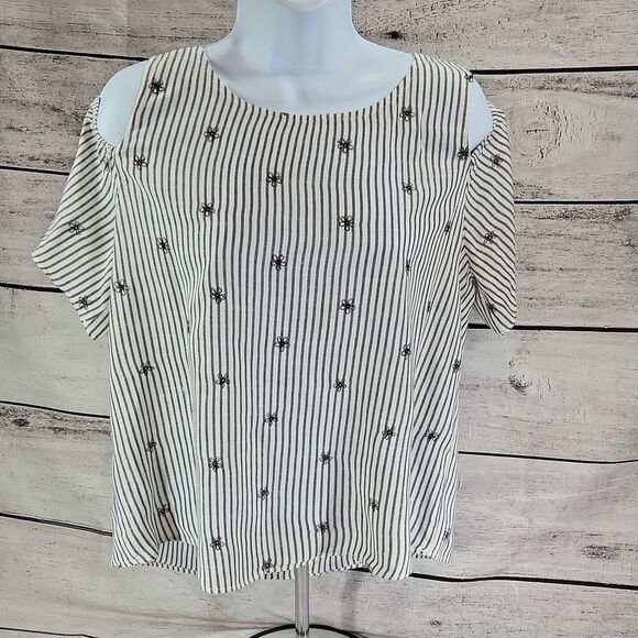 🔹️🔺️Anthropologie Everly Blue Embroidered Floral Cold Shoulder Top Large - Picture 2 of 16